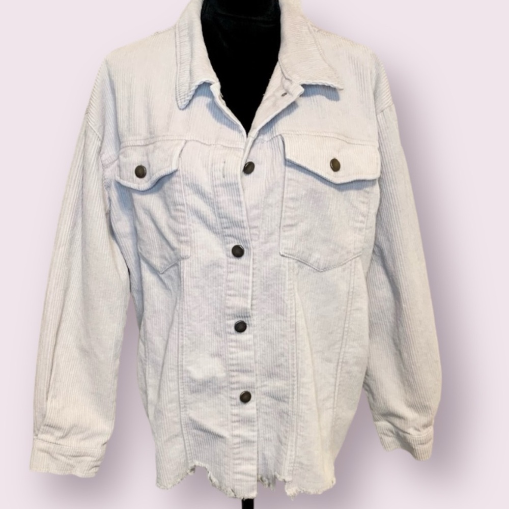KATYdid Neutral Corduroy Distressed Woman’s Shacket Button Up Beige Size Large